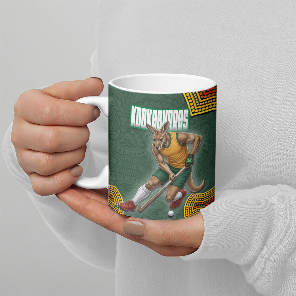Personalized Kookaburras Field Hockey Ceramic Mug Kangaroo Australian Indigenous Dot Art Style With Vibrant Sun Patterns