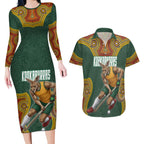 Personalized Kookaburras Field Hockey Couples Matching Long Sleeve Bodycon Dress and Hawaiian Shirt Kangaroo Australian Indigenous Dot Art Style With Vibrant Sun Patterns