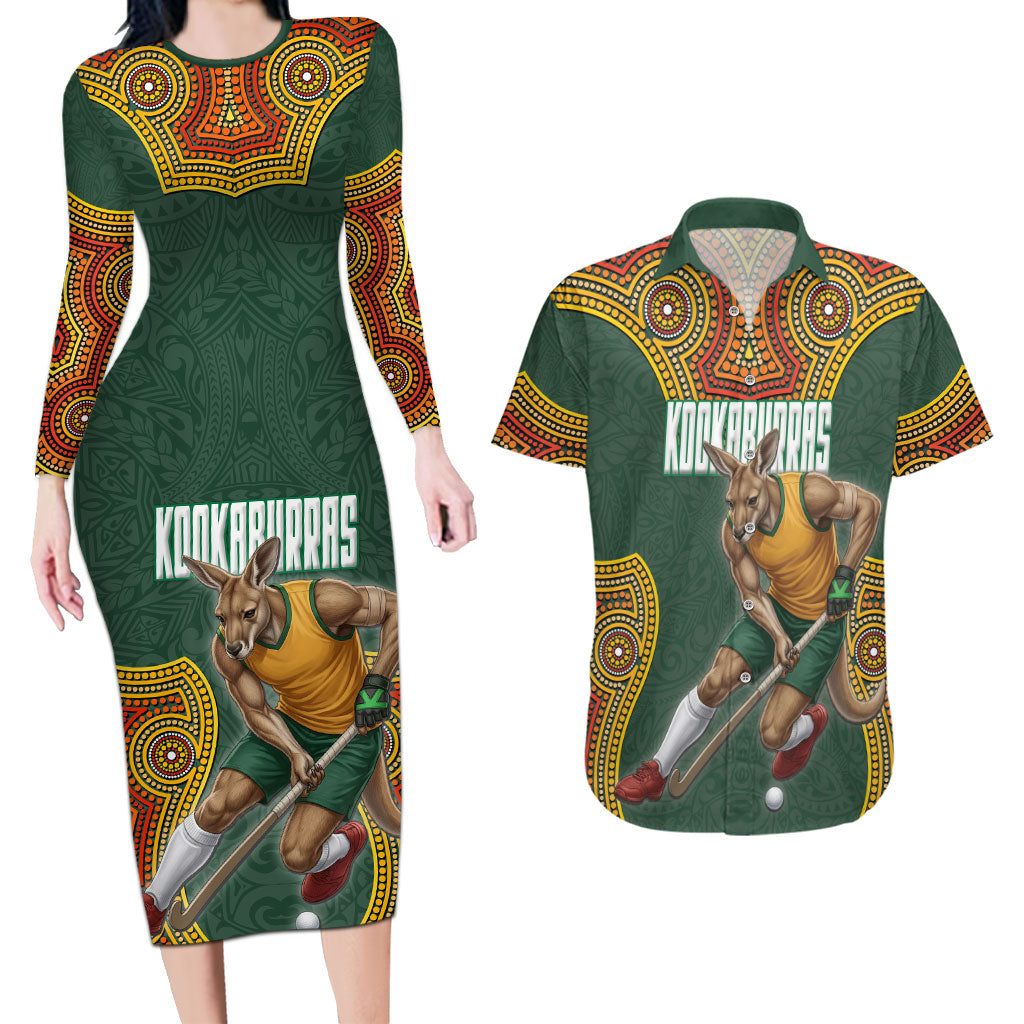 Personalized Kookaburras Field Hockey Couples Matching Long Sleeve Bodycon Dress and Hawaiian Shirt Kangaroo Australian Indigenous Dot Art Style With Vibrant Sun Patterns