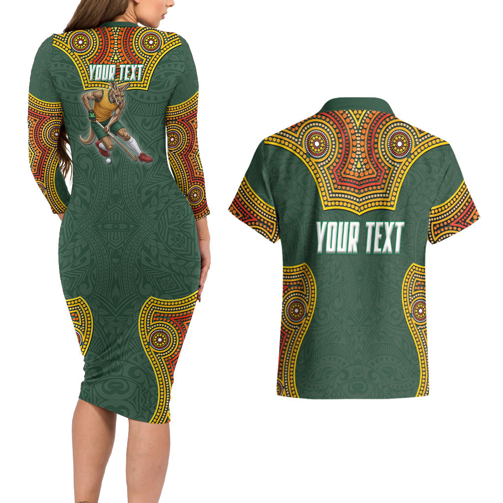 Personalized Kookaburras Field Hockey Couples Matching Long Sleeve Bodycon Dress and Hawaiian Shirt Kangaroo Australian Indigenous Dot Art Style With Vibrant Sun Patterns