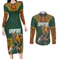 Personalized Kookaburras Field Hockey Couples Matching Long Sleeve Bodycon Dress and Long Sleeve Button Shirt Kangaroo Australian Indigenous Dot Art Style With Vibrant Sun Patterns