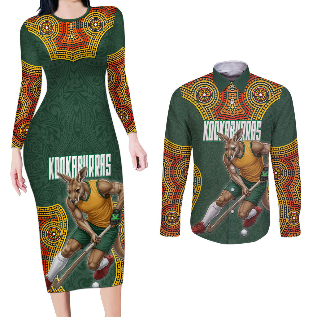 Personalized Kookaburras Field Hockey Couples Matching Long Sleeve Bodycon Dress and Long Sleeve Button Shirt Kangaroo Australian Indigenous Dot Art Style With Vibrant Sun Patterns