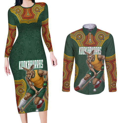 Personalized Kookaburras Field Hockey Couples Matching Long Sleeve Bodycon Dress and Long Sleeve Button Shirt Kangaroo Australian Indigenous Dot Art Style With Vibrant Sun Patterns