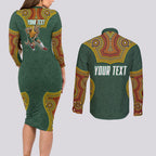 Personalized Kookaburras Field Hockey Couples Matching Long Sleeve Bodycon Dress and Long Sleeve Button Shirt Kangaroo Australian Indigenous Dot Art Style With Vibrant Sun Patterns