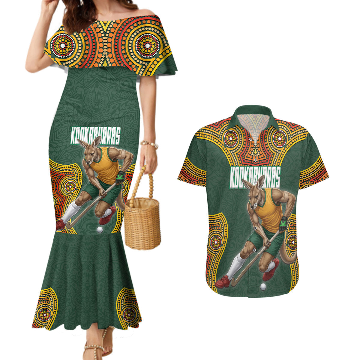 Personalized Kookaburras Field Hockey Couples Matching Mermaid Dress and Hawaiian Shirt Kangaroo Australian Indigenous Dot Art Style With Vibrant Sun Patterns