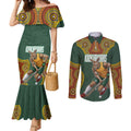 Personalized Kookaburras Field Hockey Couples Matching Mermaid Dress and Long Sleeve Button Shirt Kangaroo Australian Indigenous Dot Art Style With Vibrant Sun Patterns