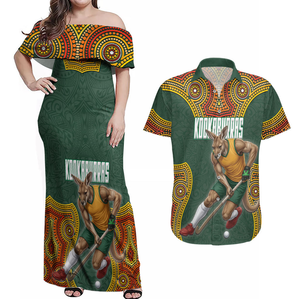 Personalized Kookaburras Field Hockey Couples Matching Off Shoulder Maxi Dress and Hawaiian Shirt Kangaroo Australian Indigenous Dot Art Style With Vibrant Sun Patterns