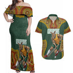 Personalized Kookaburras Field Hockey Couples Matching Off Shoulder Maxi Dress and Hawaiian Shirt Kangaroo Australian Indigenous Dot Art Style With Vibrant Sun Patterns
