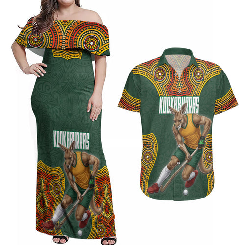 Personalized Kookaburras Field Hockey Couples Matching Off Shoulder Maxi Dress and Hawaiian Shirt Kangaroo Australian Indigenous Dot Art Style With Vibrant Sun Patterns