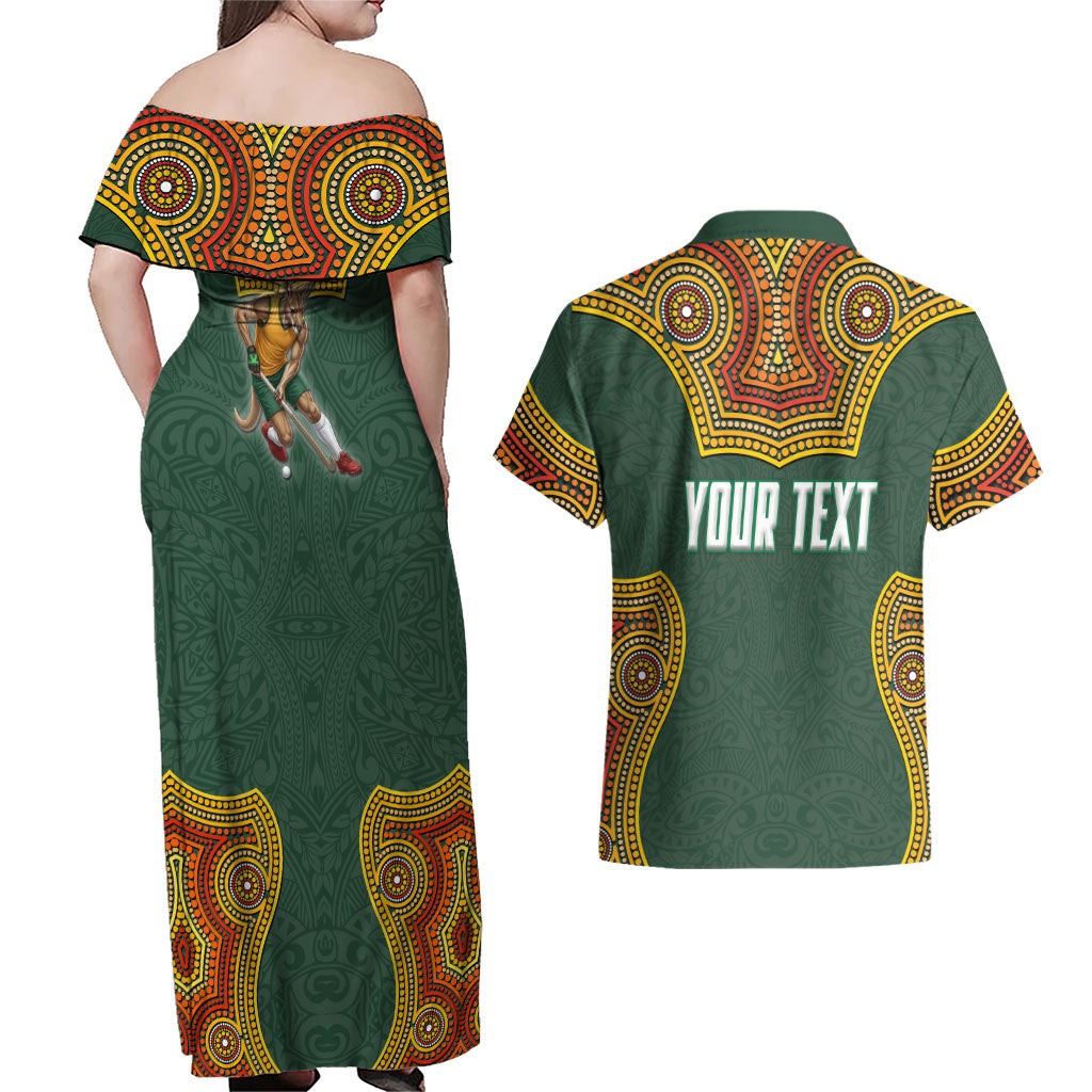 Personalized Kookaburras Field Hockey Couples Matching Off Shoulder Maxi Dress and Hawaiian Shirt Kangaroo Australian Indigenous Dot Art Style With Vibrant Sun Patterns
