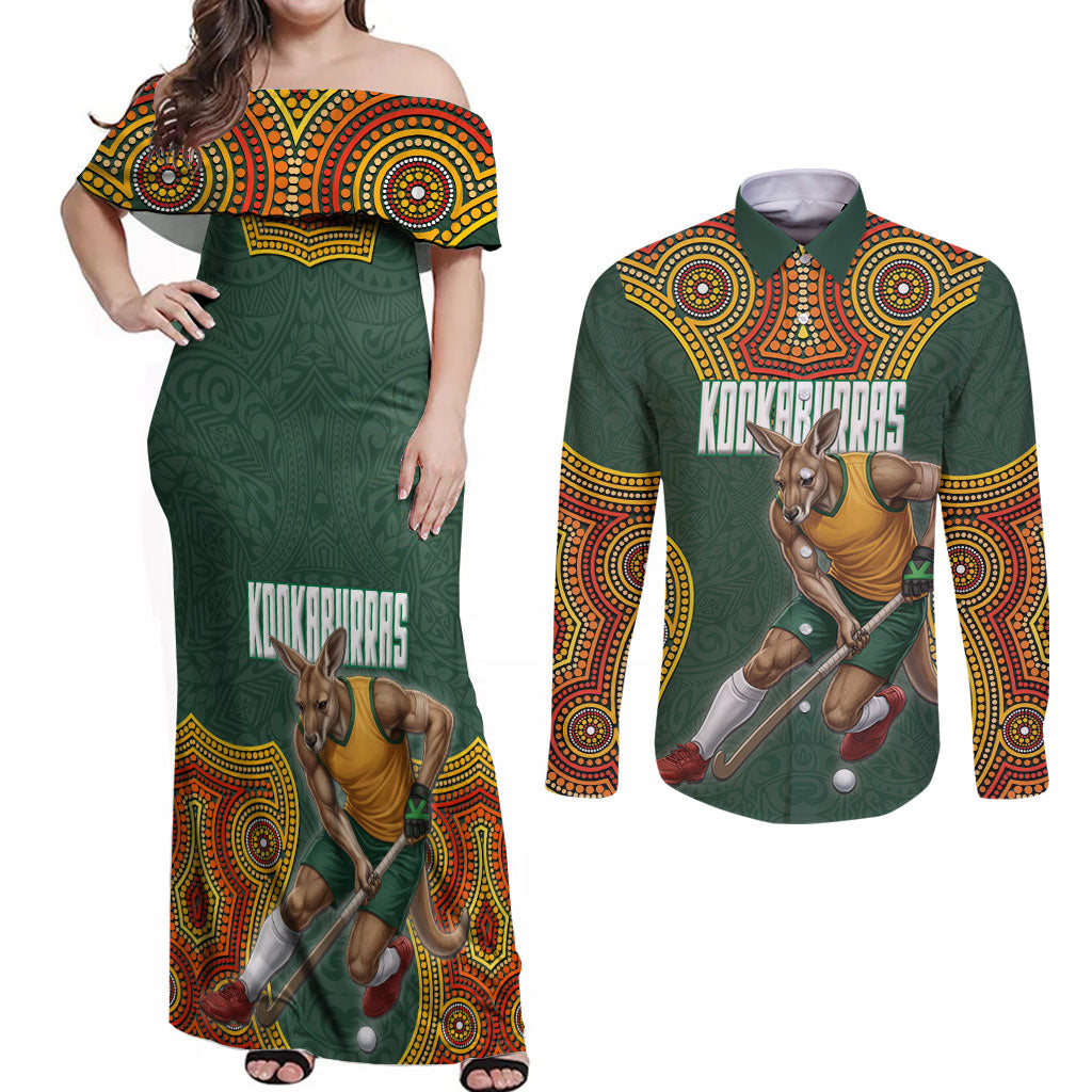 Personalized Kookaburras Field Hockey Couples Matching Off Shoulder Maxi Dress and Long Sleeve Button Shirt Kangaroo Australian Indigenous Dot Art Style With Vibrant Sun Patterns
