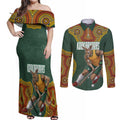Personalized Kookaburras Field Hockey Couples Matching Off Shoulder Maxi Dress and Long Sleeve Button Shirt Kangaroo Australian Indigenous Dot Art Style With Vibrant Sun Patterns