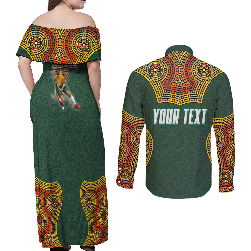 Personalized Kookaburras Field Hockey Couples Matching Off Shoulder Maxi Dress and Long Sleeve Button Shirt Kangaroo Australian Indigenous Dot Art Style With Vibrant Sun Patterns
