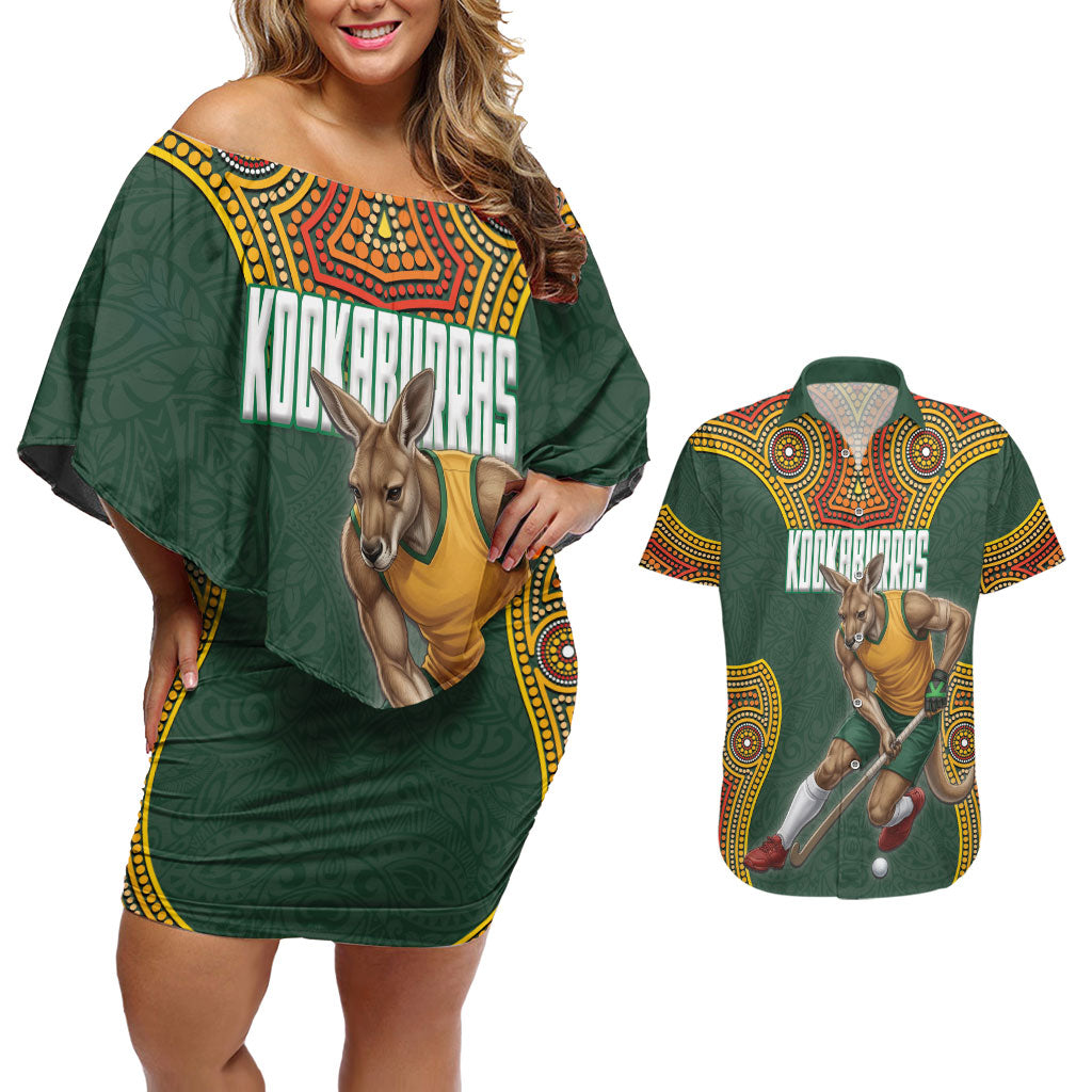 Personalized Kookaburras Field Hockey Couples Matching Off Shoulder Short Dress and Hawaiian Shirt Kangaroo Australian Indigenous Dot Art Style With Vibrant Sun Patterns