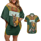 Personalized Kookaburras Field Hockey Couples Matching Off Shoulder Short Dress and Hawaiian Shirt Kangaroo Australian Indigenous Dot Art Style With Vibrant Sun Patterns