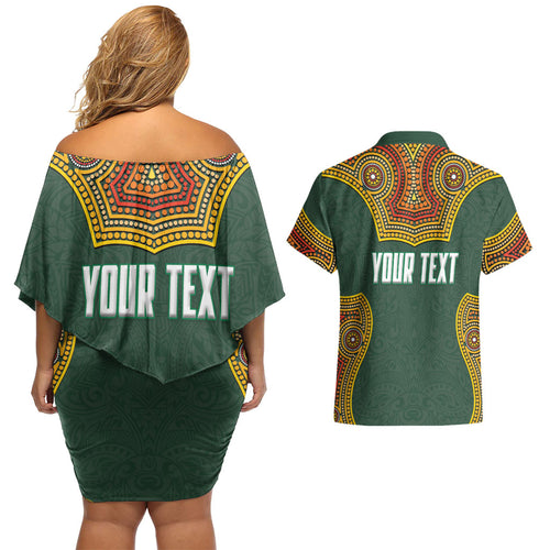 Personalized Kookaburras Field Hockey Couples Matching Off Shoulder Short Dress and Hawaiian Shirt Kangaroo Australian Indigenous Dot Art Style With Vibrant Sun Patterns