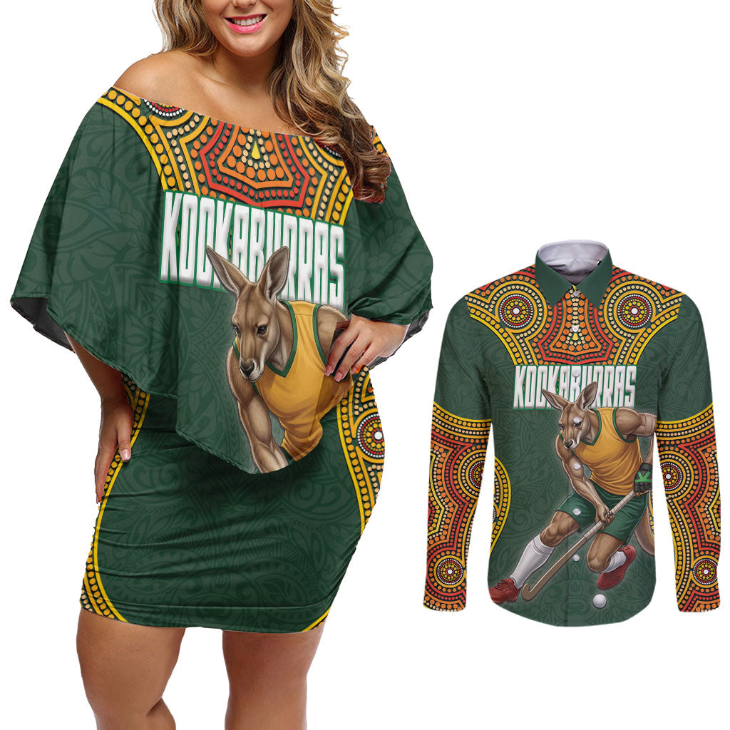 Personalized Kookaburras Field Hockey Couples Matching Off Shoulder Short Dress and Long Sleeve Button Shirt Kangaroo Australian Indigenous Dot Art Style With Vibrant Sun Patterns