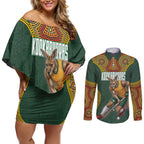 Personalized Kookaburras Field Hockey Couples Matching Off Shoulder Short Dress and Long Sleeve Button Shirt Kangaroo Australian Indigenous Dot Art Style With Vibrant Sun Patterns