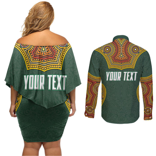 Personalized Kookaburras Field Hockey Couples Matching Off Shoulder Short Dress and Long Sleeve Button Shirt Kangaroo Australian Indigenous Dot Art Style With Vibrant Sun Patterns