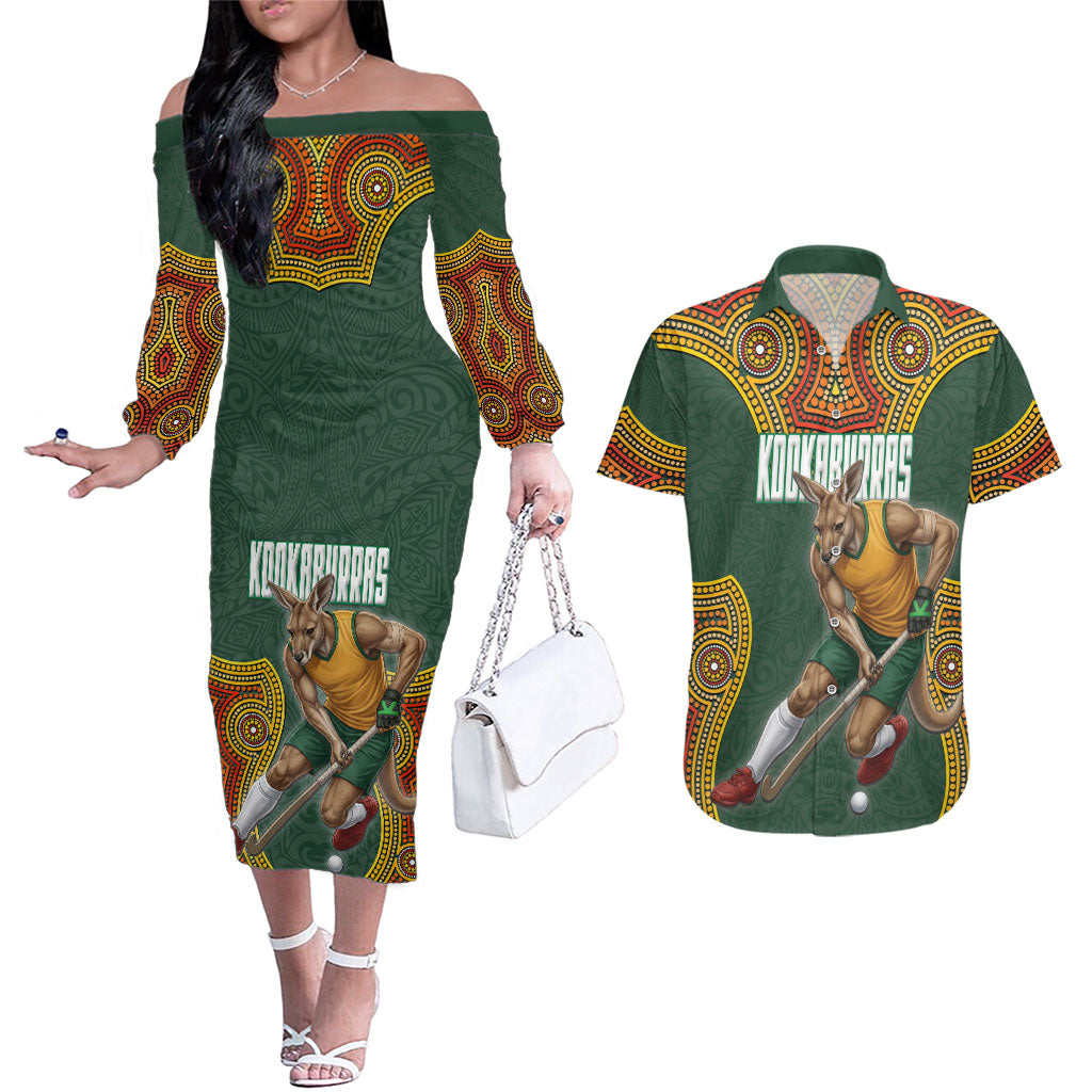 Personalized Kookaburras Field Hockey Couples Matching Off The Shoulder Long Sleeve Dress and Hawaiian Shirt Kangaroo Australian Indigenous Dot Art Style With Vibrant Sun Patterns