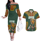 Personalized Kookaburras Field Hockey Couples Matching Off The Shoulder Long Sleeve Dress and Hawaiian Shirt Kangaroo Australian Indigenous Dot Art Style With Vibrant Sun Patterns