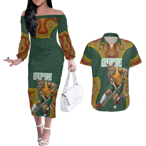 Personalized Kookaburras Field Hockey Couples Matching Off The Shoulder Long Sleeve Dress and Hawaiian Shirt Kangaroo Australian Indigenous Dot Art Style With Vibrant Sun Patterns