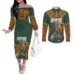 Personalized Kookaburras Field Hockey Couples Matching Off The Shoulder Long Sleeve Dress and Long Sleeve Button Shirt Kangaroo Australian Indigenous Dot Art Style With Vibrant Sun Patterns