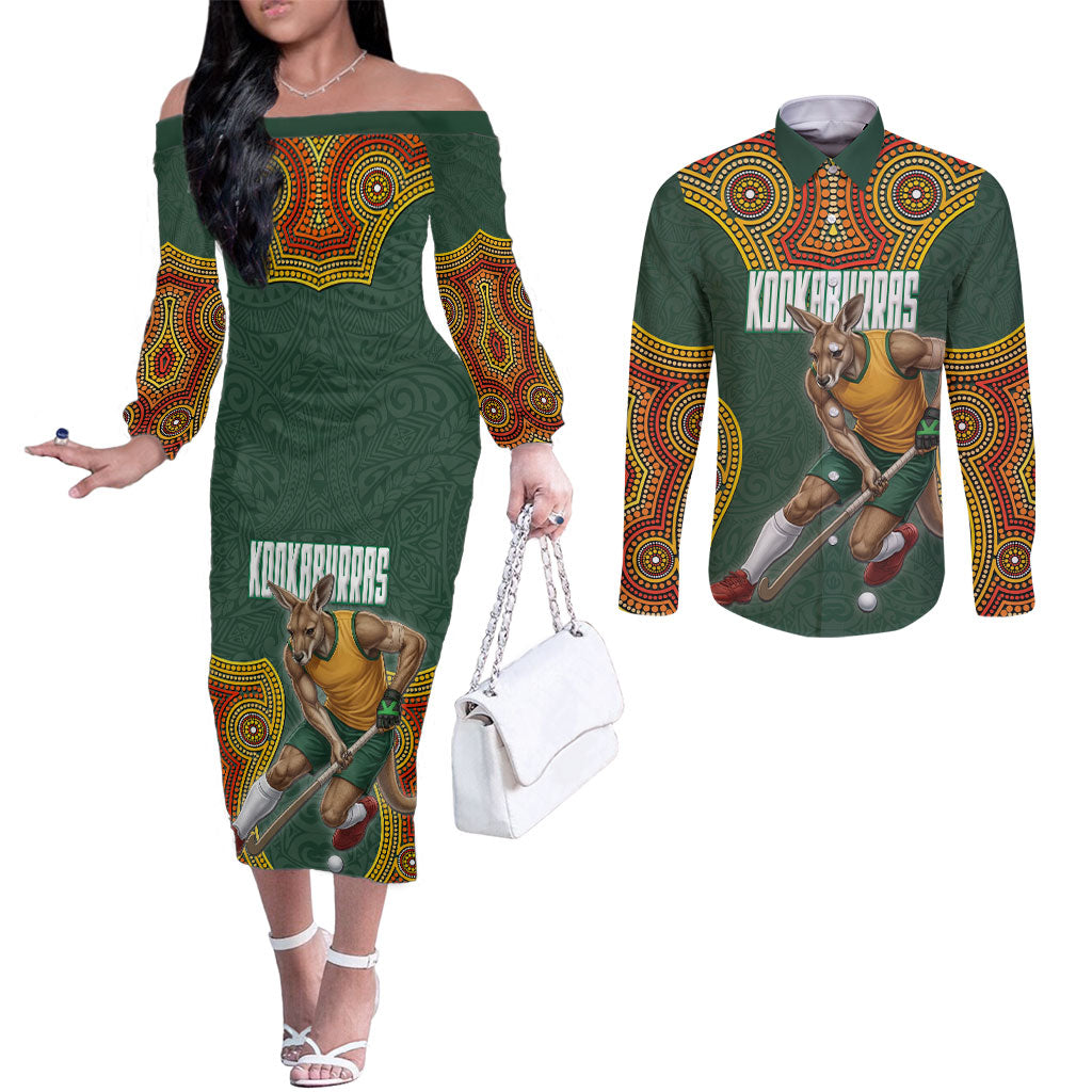 Personalized Kookaburras Field Hockey Couples Matching Off The Shoulder Long Sleeve Dress and Long Sleeve Button Shirt Kangaroo Australian Indigenous Dot Art Style With Vibrant Sun Patterns