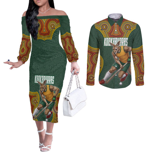 Personalized Kookaburras Field Hockey Couples Matching Off The Shoulder Long Sleeve Dress and Long Sleeve Button Shirt Kangaroo Australian Indigenous Dot Art Style With Vibrant Sun Patterns