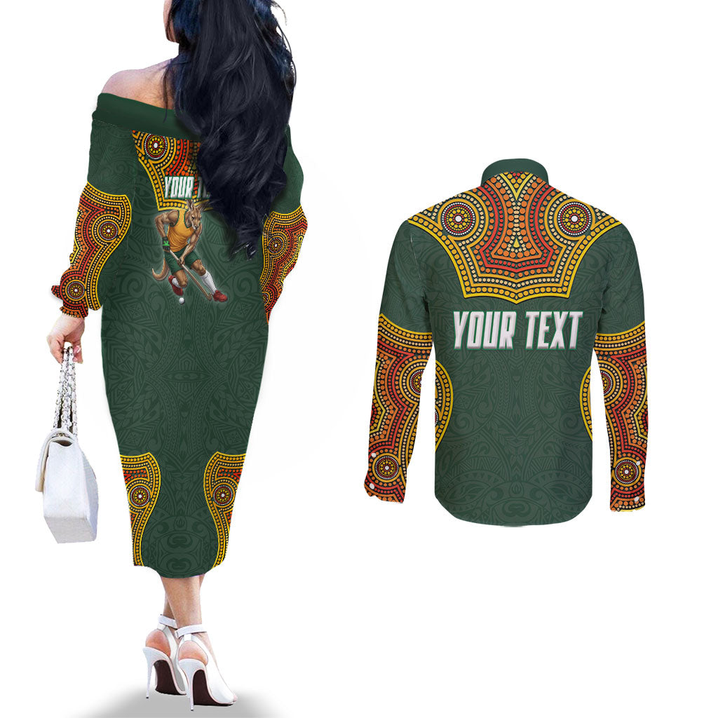Personalized Kookaburras Field Hockey Couples Matching Off The Shoulder Long Sleeve Dress and Long Sleeve Button Shirt Kangaroo Australian Indigenous Dot Art Style With Vibrant Sun Patterns