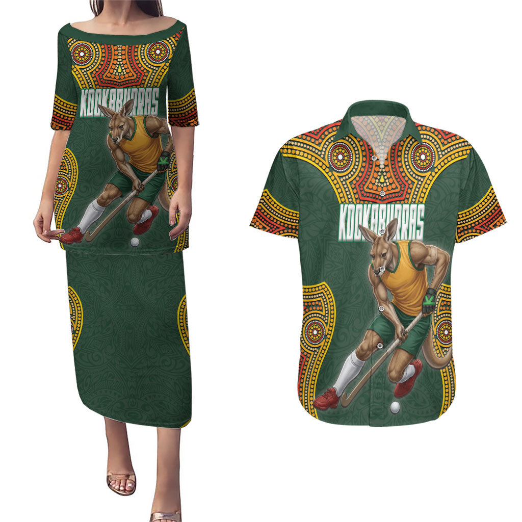 Personalized Kookaburras Field Hockey Couples Matching Puletasi and Hawaiian Shirt Kangaroo Australian Indigenous Dot Art Style With Vibrant Sun Patterns