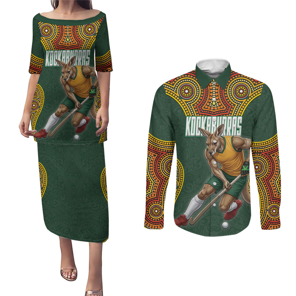 Personalized Kookaburras Field Hockey Couples Matching Puletasi and Long Sleeve Button Shirt Kangaroo Australian Indigenous Dot Art Style With Vibrant Sun Patterns