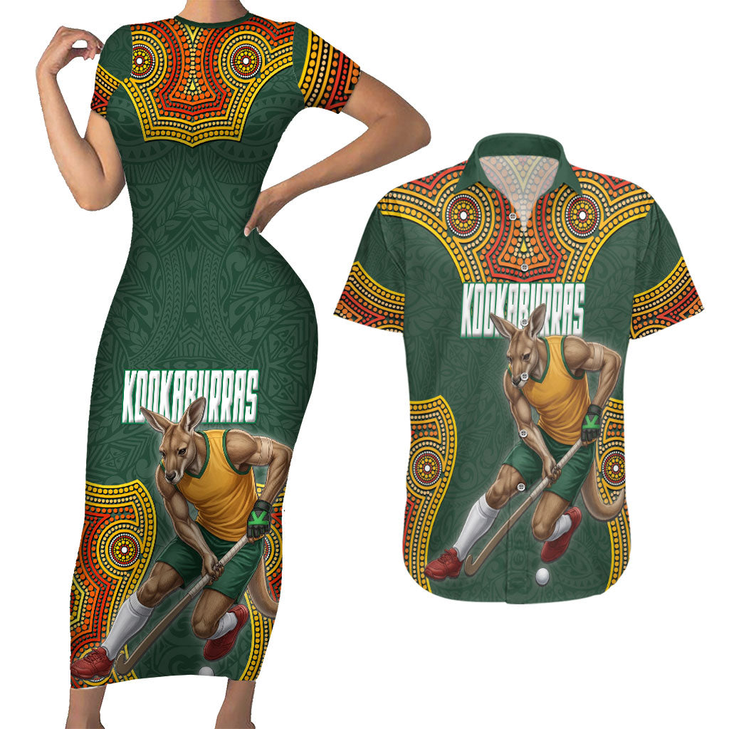 Personalized Kookaburras Field Hockey Couples Matching Short Sleeve Bodycon Dress and Hawaiian Shirt Kangaroo Australian Indigenous Dot Art Style With Vibrant Sun Patterns
