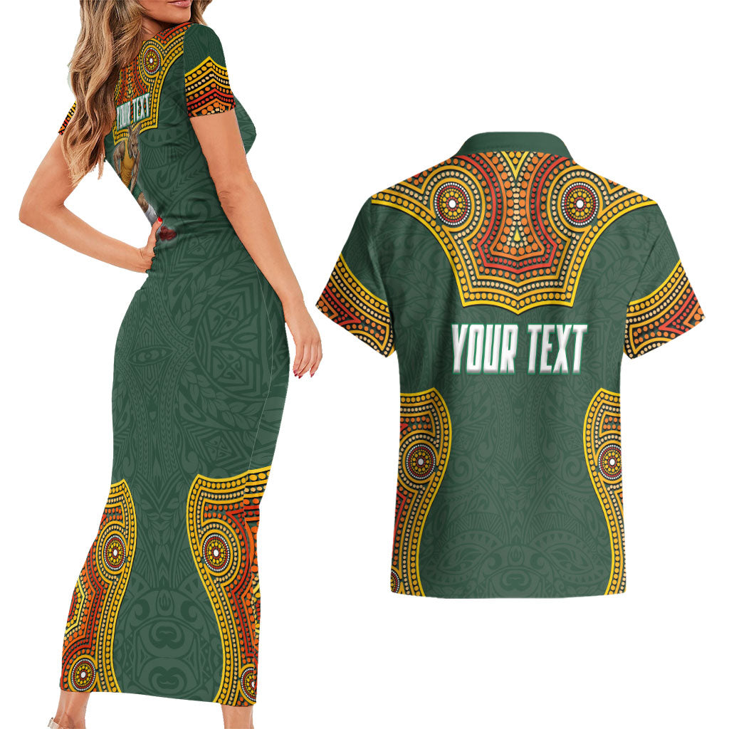 Personalized Kookaburras Field Hockey Couples Matching Short Sleeve Bodycon Dress and Hawaiian Shirt Kangaroo Australian Indigenous Dot Art Style With Vibrant Sun Patterns