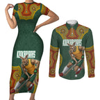 Personalized Kookaburras Field Hockey Couples Matching Short Sleeve Bodycon Dress and Long Sleeve Button Shirt Kangaroo Australian Indigenous Dot Art Style With Vibrant Sun Patterns