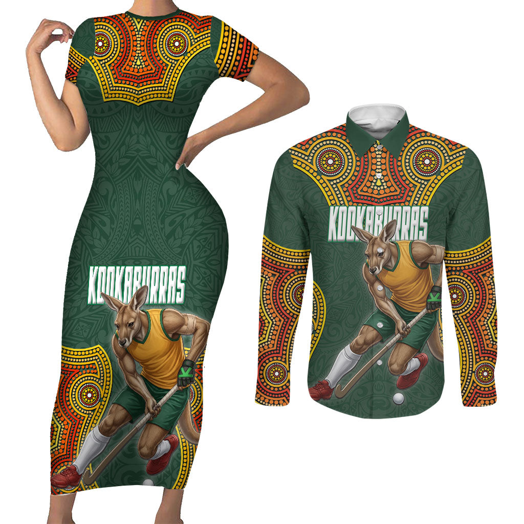 Personalized Kookaburras Field Hockey Couples Matching Short Sleeve Bodycon Dress and Long Sleeve Button Shirt Kangaroo Australian Indigenous Dot Art Style With Vibrant Sun Patterns