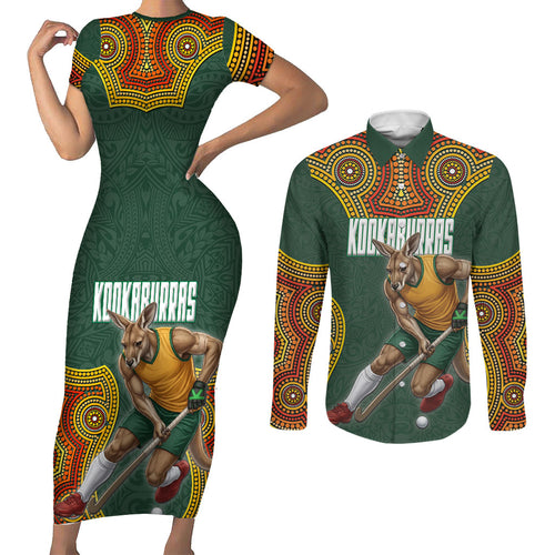 Personalized Kookaburras Field Hockey Couples Matching Short Sleeve Bodycon Dress and Long Sleeve Button Shirt Kangaroo Australian Indigenous Dot Art Style With Vibrant Sun Patterns