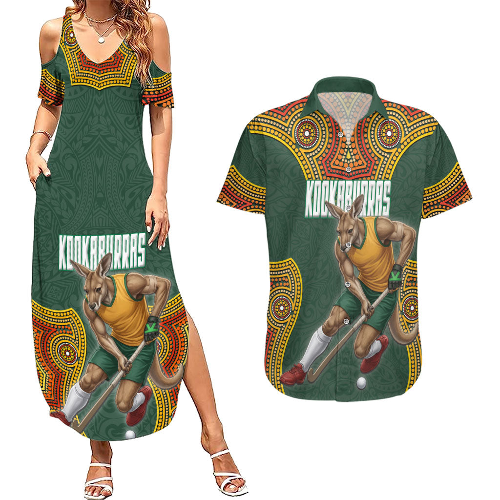 Personalized Kookaburras Field Hockey Couples Matching Summer Maxi Dress and Hawaiian Shirt Kangaroo Australian Indigenous Dot Art Style With Vibrant Sun Patterns