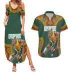 Personalized Kookaburras Field Hockey Couples Matching Summer Maxi Dress and Hawaiian Shirt Kangaroo Australian Indigenous Dot Art Style With Vibrant Sun Patterns