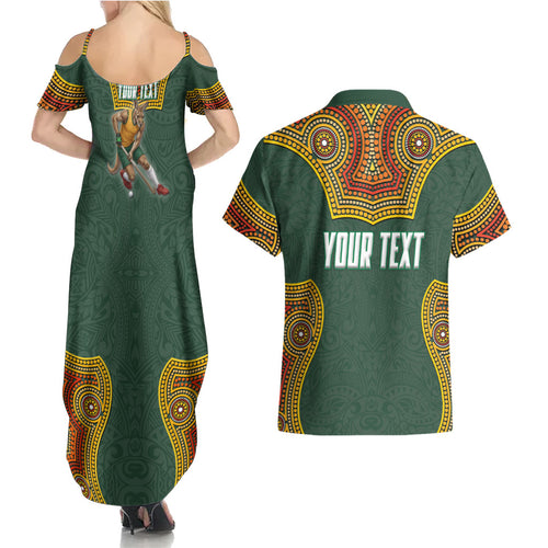Personalized Kookaburras Field Hockey Couples Matching Summer Maxi Dress and Hawaiian Shirt Kangaroo Australian Indigenous Dot Art Style With Vibrant Sun Patterns