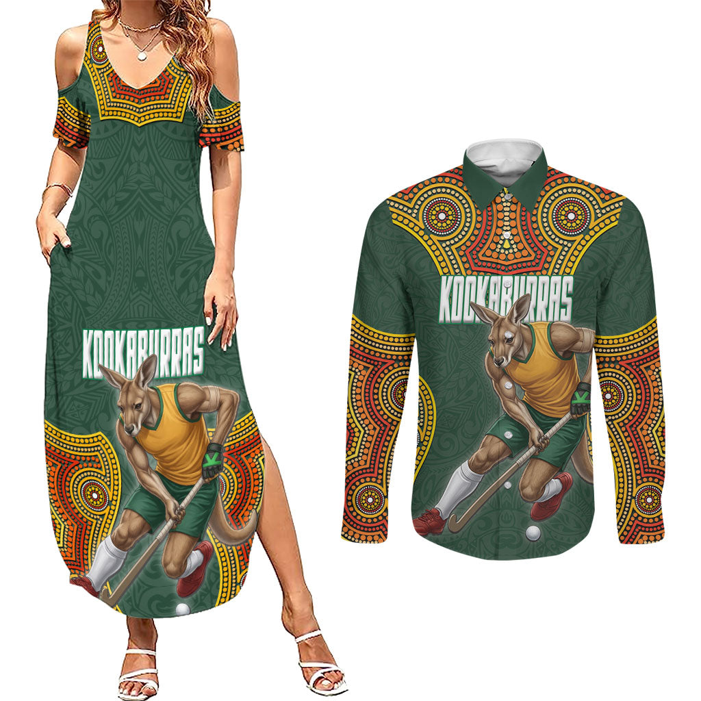Personalized Kookaburras Field Hockey Couples Matching Summer Maxi Dress and Long Sleeve Button Shirt Kangaroo Australian Indigenous Dot Art Style With Vibrant Sun Patterns