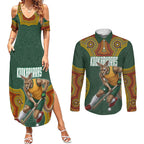 Personalized Kookaburras Field Hockey Couples Matching Summer Maxi Dress and Long Sleeve Button Shirt Kangaroo Australian Indigenous Dot Art Style With Vibrant Sun Patterns