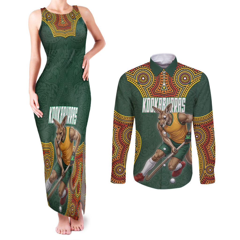 Personalized Kookaburras Field Hockey Couples Matching Tank Maxi Dress and Long Sleeve Button Shirt Kangaroo Australian Indigenous Dot Art Style With Vibrant Sun Patterns