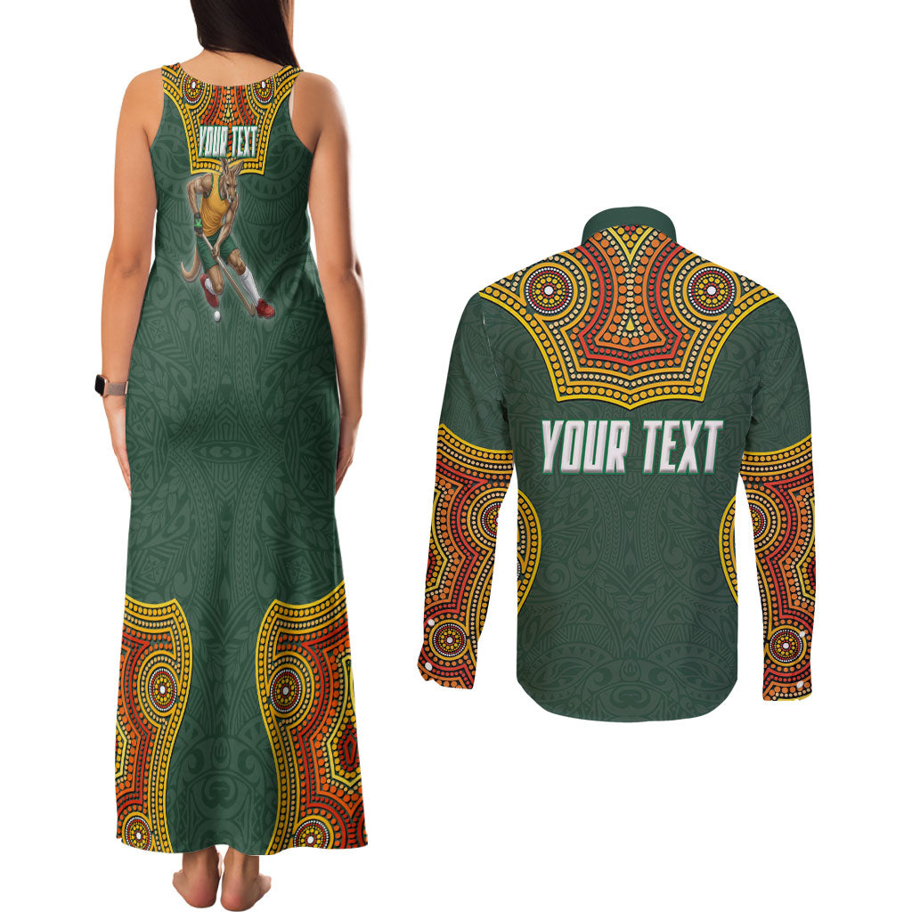 Personalized Kookaburras Field Hockey Couples Matching Tank Maxi Dress and Long Sleeve Button Shirt Kangaroo Australian Indigenous Dot Art Style With Vibrant Sun Patterns