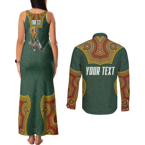 Personalized Kookaburras Field Hockey Couples Matching Tank Maxi Dress and Long Sleeve Button Shirt Kangaroo Australian Indigenous Dot Art Style With Vibrant Sun Patterns