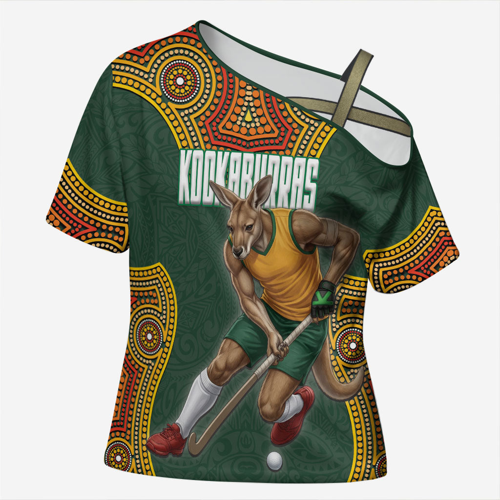 Personalized Kookaburras Field Hockey Cross Shoulder Shirt Kangaroo Australian Indigenous Dot Art Style With Vibrant Sun Patterns