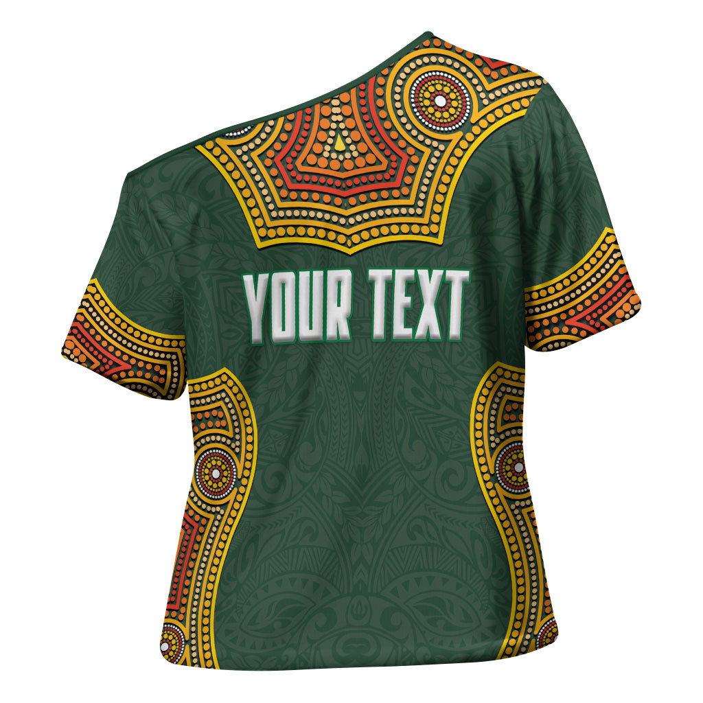 Personalized Kookaburras Field Hockey Cross Shoulder Shirt Kangaroo Australian Indigenous Dot Art Style With Vibrant Sun Patterns