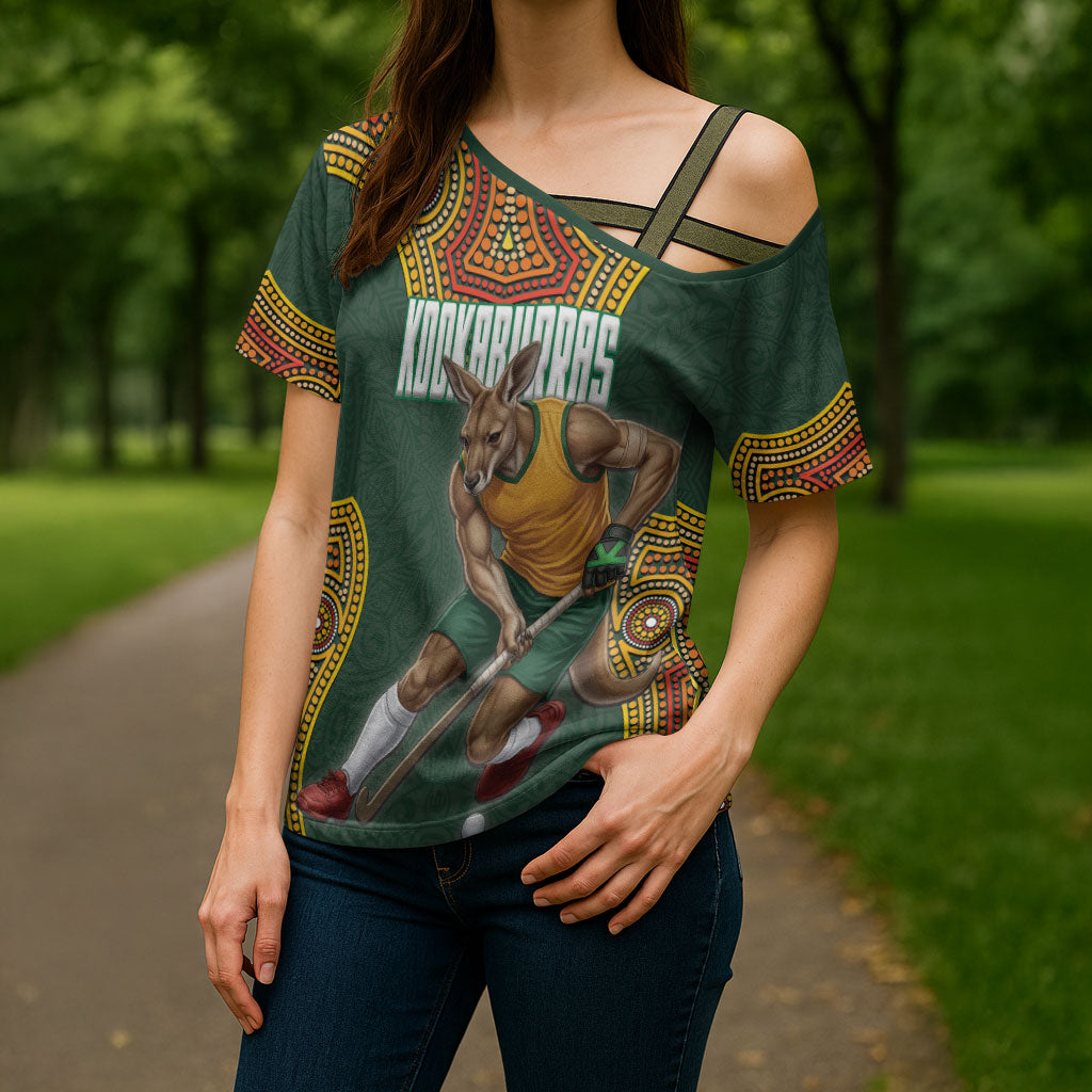Personalized Kookaburras Field Hockey Cross Shoulder Shirt Kangaroo Australian Indigenous Dot Art Style With Vibrant Sun Patterns