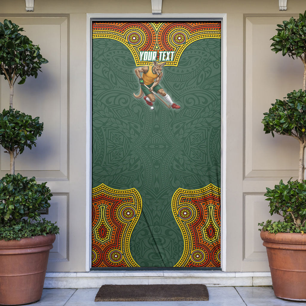 Personalized Kookaburras Field Hockey Door Cover Kangaroo Australian Indigenous Dot Art Style With Vibrant Sun Patterns