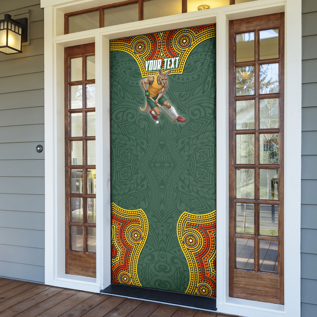 Personalized Kookaburras Field Hockey Door Cover Kangaroo Australian Indigenous Dot Art Style With Vibrant Sun Patterns